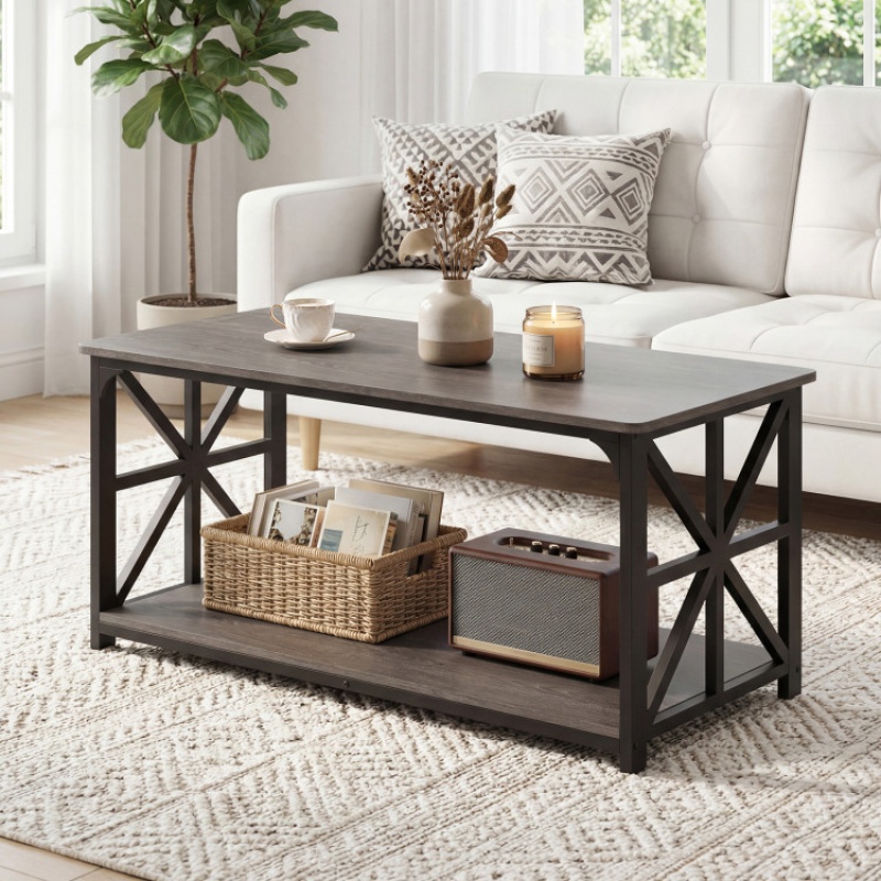 Coffee Table 2-Tier Center Table With Storage Shelf-Oak