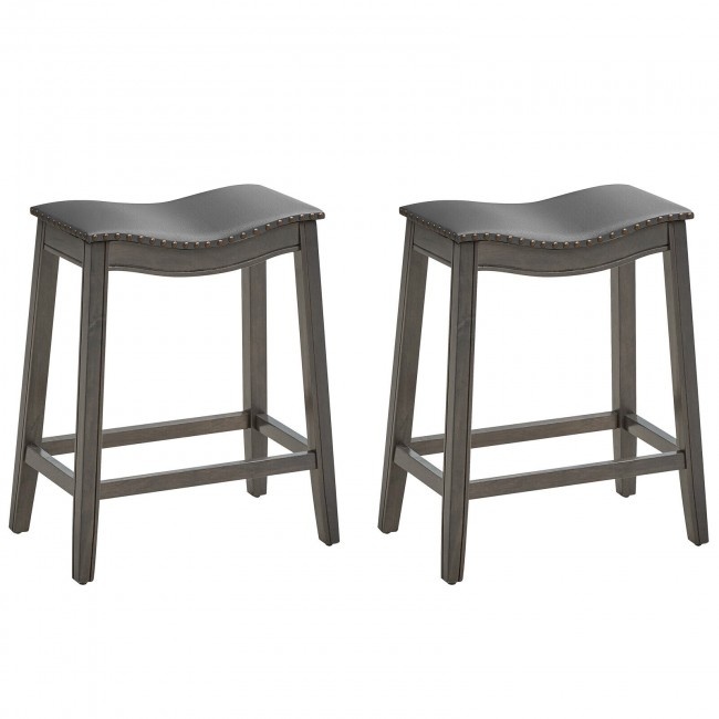 Set Of 2 Saddle Bar Stools With Rubber Wood Legs