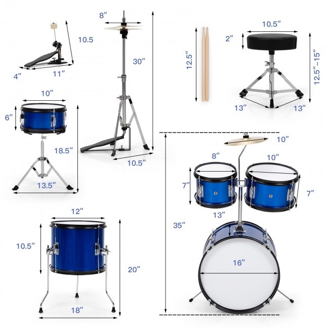 16 Inch 5 Pieces Complete Kids Junior Drum Set Children Beginner Kit