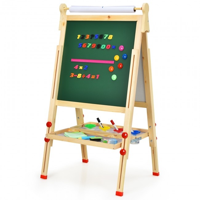 Kids Art Easel With Paper Roll Double-sided Regulable Drawing Easel Plank