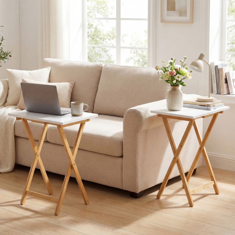 Folding Tv Tray Tables Set Of 2 For Small Spaces Bedroom And Living Room-White