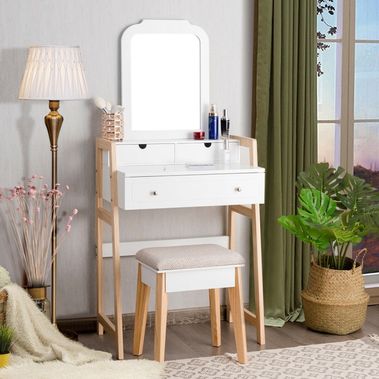 Vanity Table Set With Cushioned Stool And Large Mirror