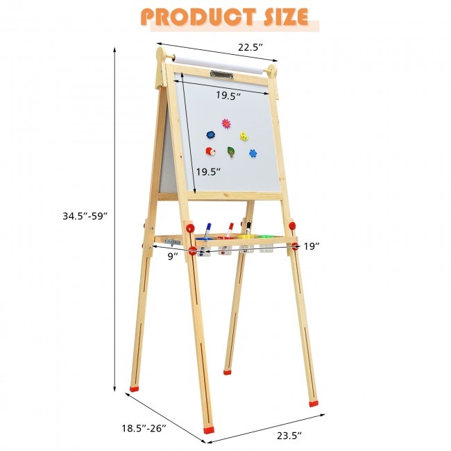 Kids Art Easel With Paper Roll Double-Sided Regulable Drawing Easel Plank