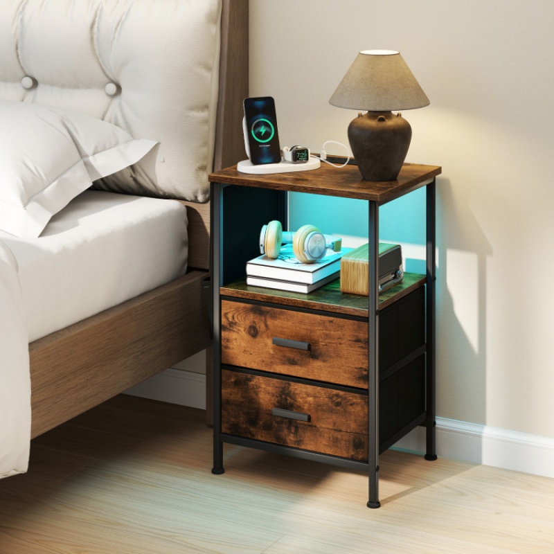 End Table With Charging Station Set Of 1 Nightstand With 2 Folding Fabric Drawers