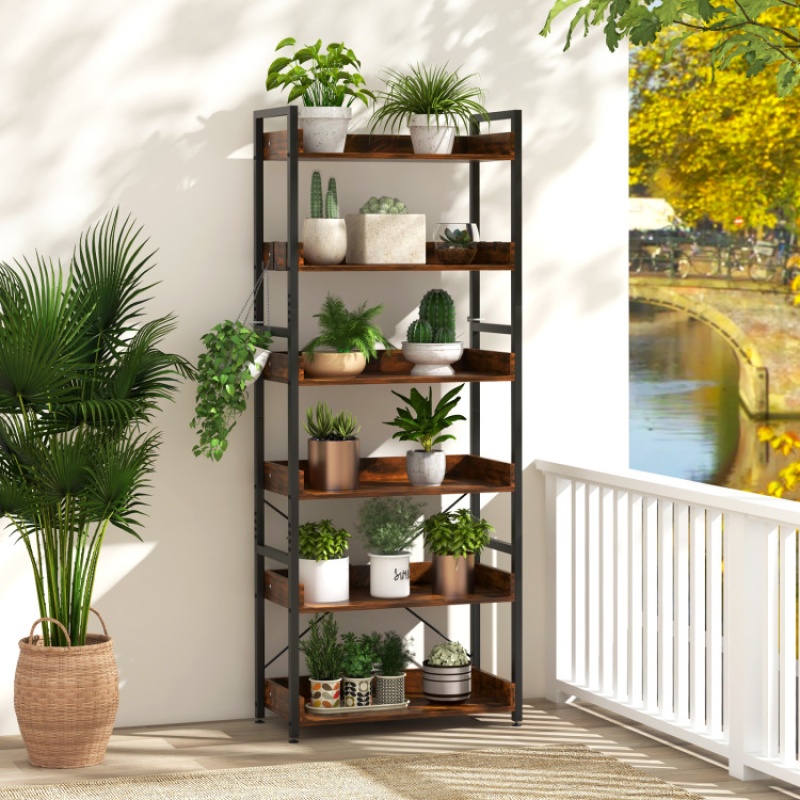 6-Tier Tall Industrial Bookcase With Open Shelves And 4 Hooks