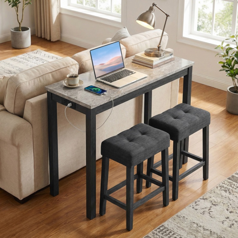 3-Piece Bar Table Set With Charging Station And Faux Marble Top-Gray