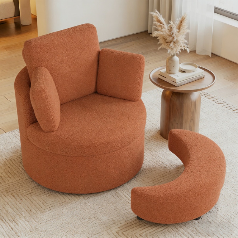 360° Swivel Accent Chair With Half Moon Storage Ottoman-Light Brown