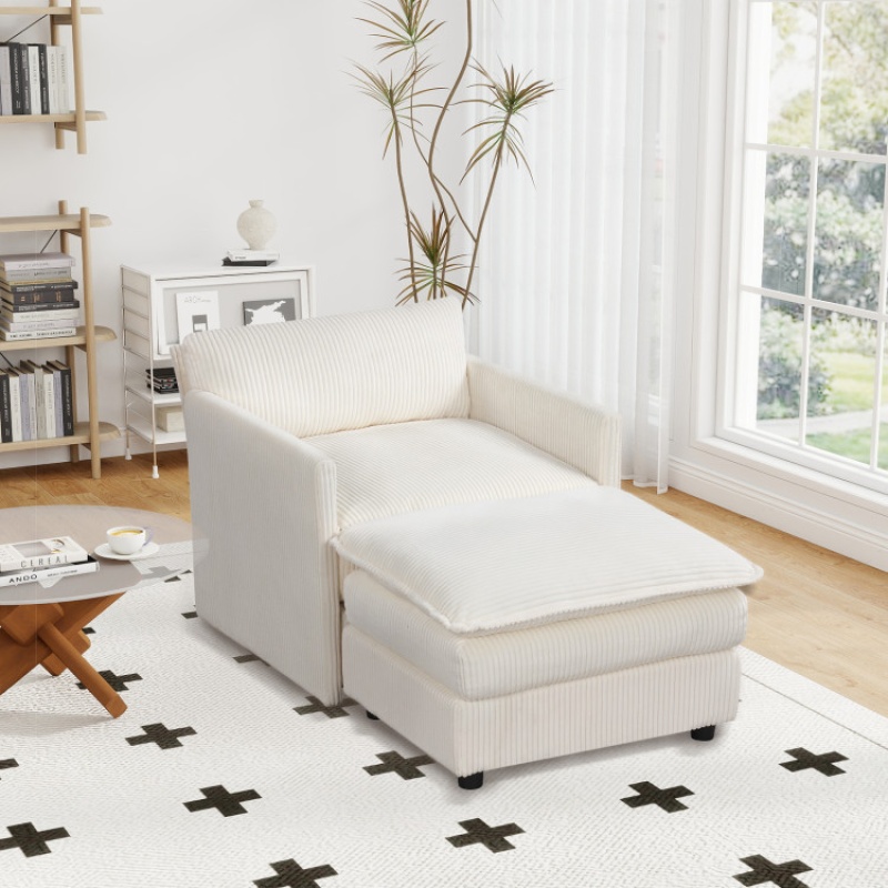 Oversized Accent Chair With Ottoman With Soft Corduroy Cushions-Beige
