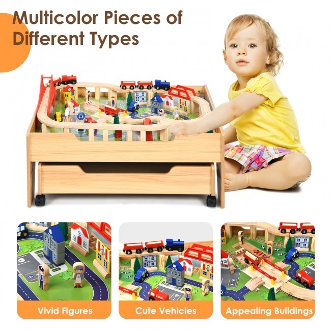 Children's Wooden Railway Set Table With 100 Pieces Storage Drawers