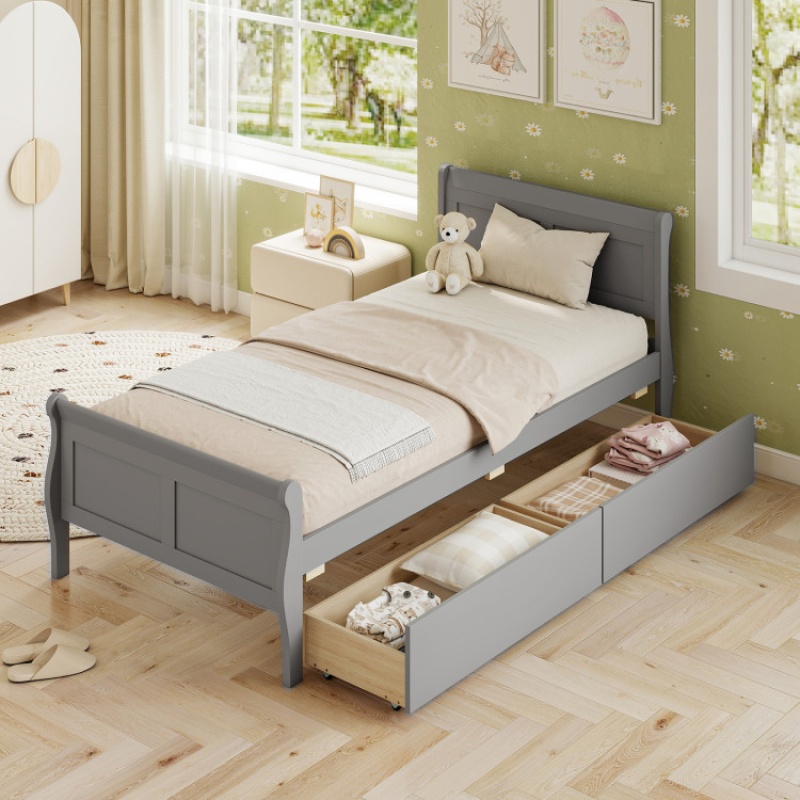 Twin Size Sleigh Bed With 2 Storage Drawers Wood Platform Bed Frame-Gray