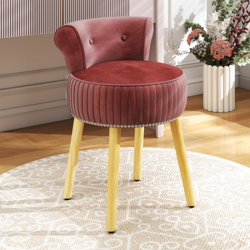 Velvet Vanity Chair With Back Upholstered Vanity Stool With Tufted Low Back And Solid Wood Legs-Pink