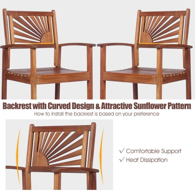2 Pieces Outdoor Acacia Wood Bar Chairs With Sunflower Backrest And Armrests