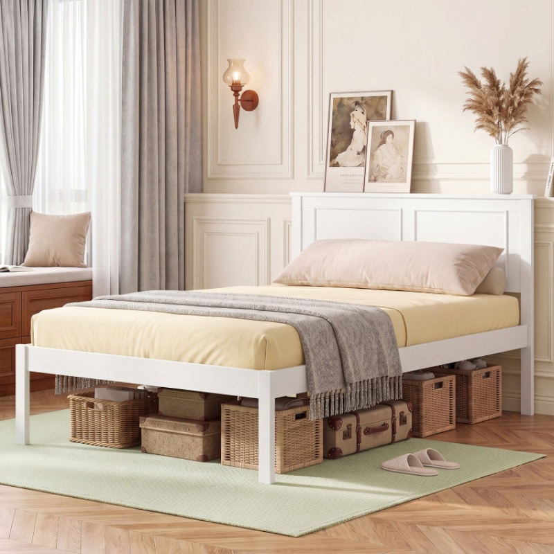 Full/Queen/Twin Size Bed Frame Farmhouse Wooden Platform Bed With Headboard White-Twin Size