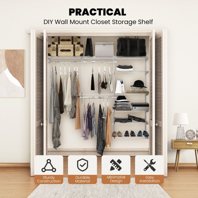 Adjustable Closet Organizer Kit With Shelves And Hanging Rods For 4 To 6 Feet