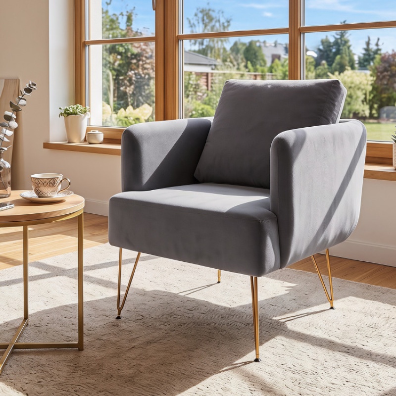 Modern Accent Chair W/Back Cushion & Golden Metal Legs For Living Room Bedroom-Gray