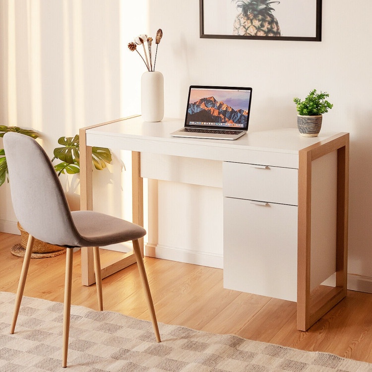 Modern Computer Desk Study Table Writing Workstation With Cabinet And Drawer-White