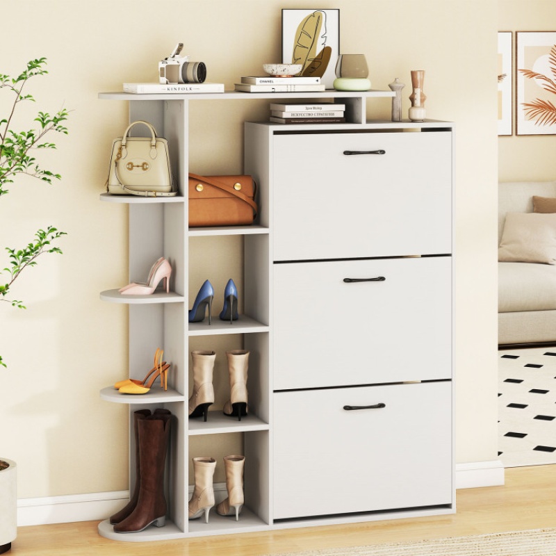 White Shoe Cabinet with Open Shelves and 3 Flip Drawers