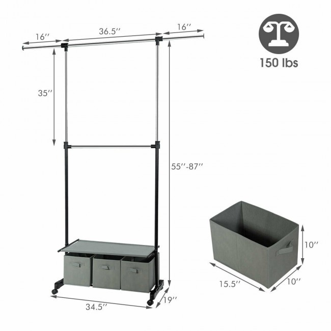 2-Rod Adjustable Garment Rack With Shelf And Storage Boxes