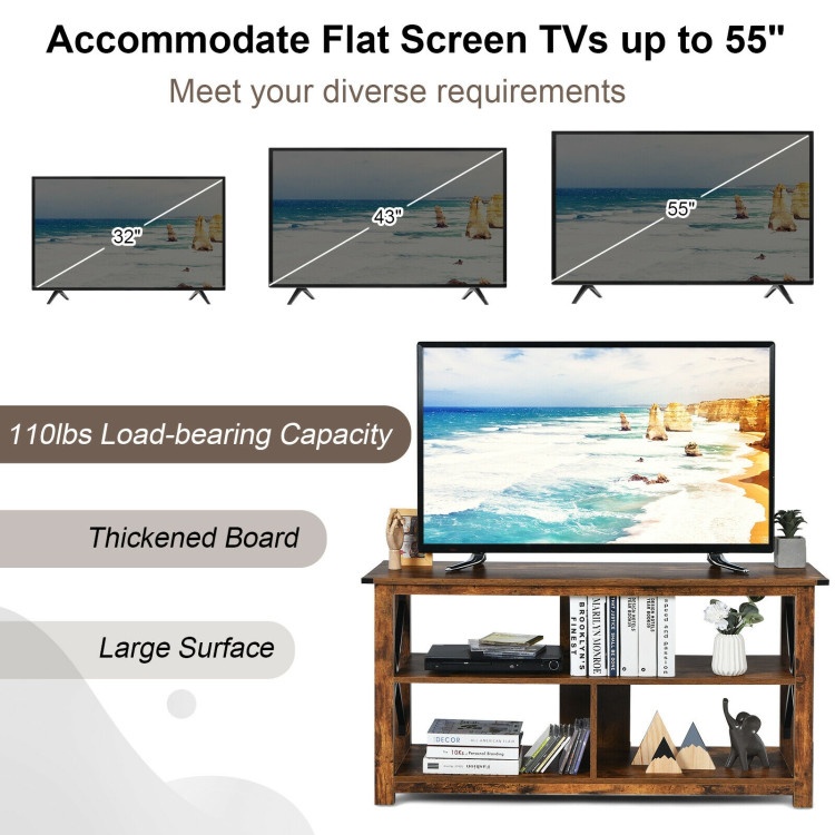 3 Tier Wood Tv Stand For 55-Inch With Open Shelves And X-Shaped Frame