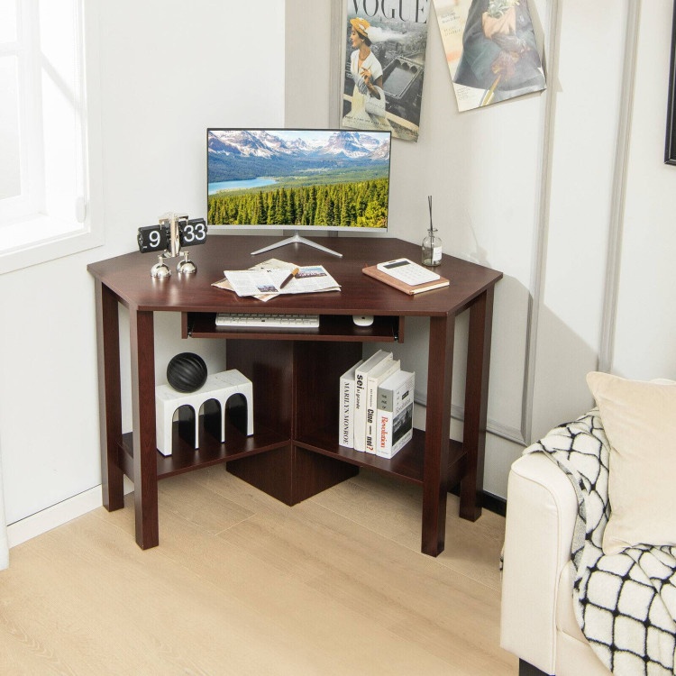 Wooden Study Computer Corner Desk With Keyboard Tray