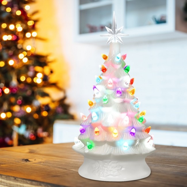 PreLit HandPainted Ceramic Tabletop Christmas Tree 14 Inch White