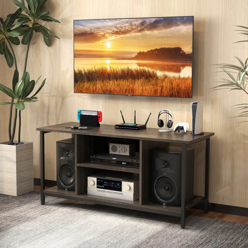 3-Tier Tv Stand With Power Outlet Usb And Adjustable Shelf-Gray