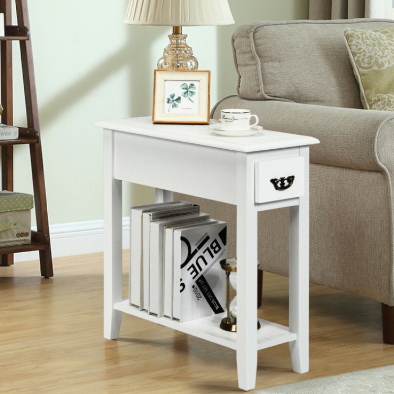 2 Pieces 2 Tier Sofa Side End Table With Drawer And Open Shelf-White