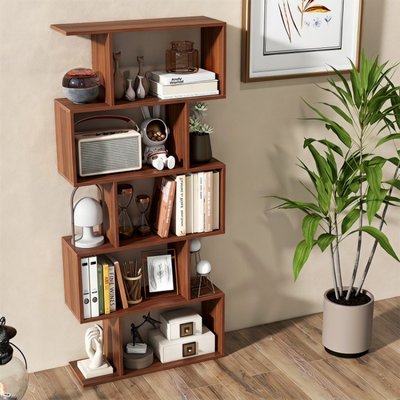 5-Tier S-Shaped Bookshelf With Anti-Tip Kit For Living Room Home Office-Walnut