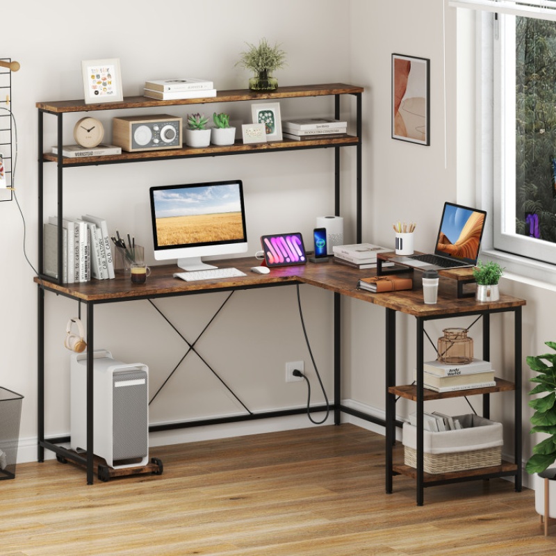 L-Shaped Reversible Gaming Desk with LED Strip and Power Outlets