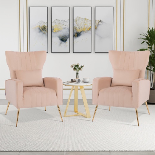 Velvet Upholstered Wingback Chair With Lumbar Pillow And Golden Metal Legs-Pink