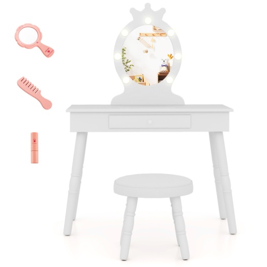 Kids Vanity Set With Lighted Mirror With Adjustable Brightness And Large Drawer