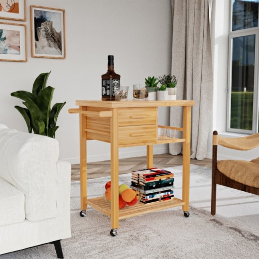 Bamboo Kitchen Trolley Cart With Tower Rack And Drawers