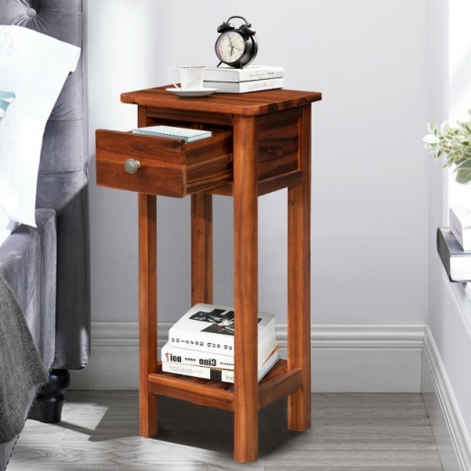 2 Tier Slim Nightstand Bedside Table With Drawer Shelf