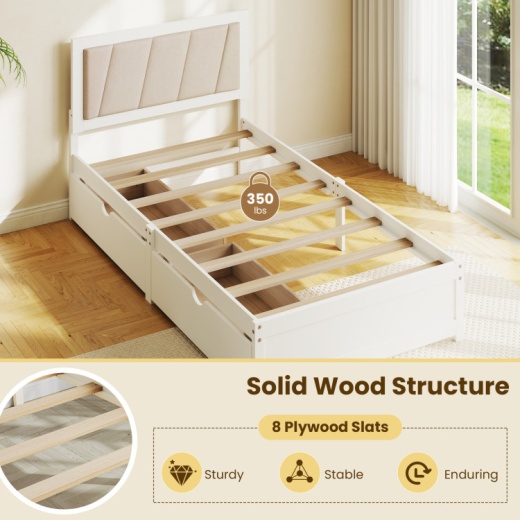 Solid Wood Structure Bed Frame With 2 Drawers Upholstered Headboard-Twin Size