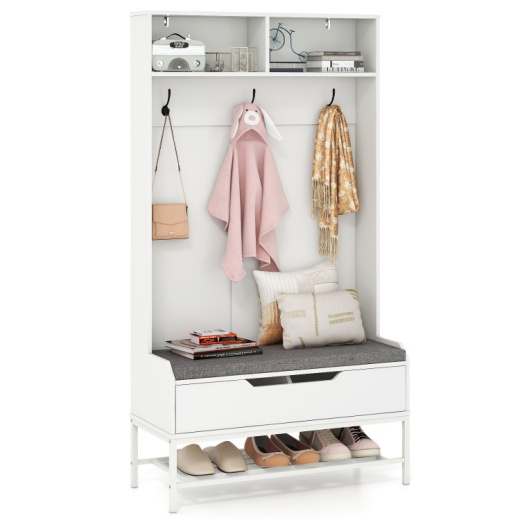 69 Inches Tall Hall Tree 4-In-1 Coat Rack With Seat Cushion And Shoe Storage, White