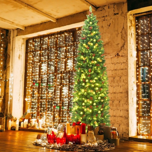7.5 Feet Pre-Lit Hinged Pencil Christmas Tree With Pine Cones Red Berries