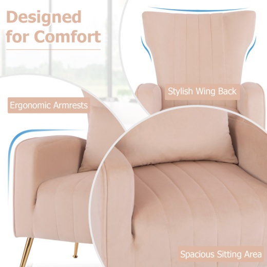 Velvet Upholstered Wingback Chair With Lumbar Pillow And Golden Metal Legs-Pink
