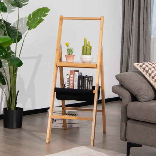 3 Step Foldable Bamboo Step Ladder Stool With Tool Storage Bag