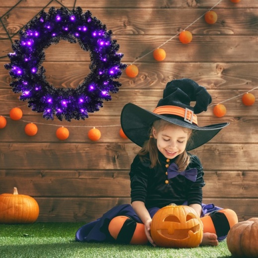 24 Inch Pre-Lit Halloween Wreath With 35 Purple Led Lights