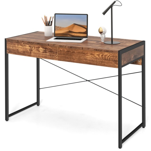 2-Drawer Home Office Desk With Steel Frame-Brown