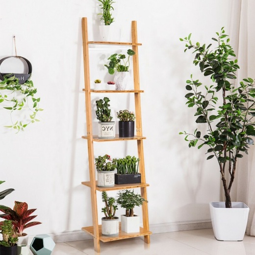 5-Tier Ladder Shelf Modern Bamboo Leaning Bookshelf Bookcase