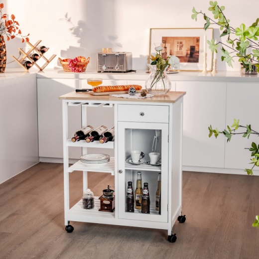 Rolling Kitchen Island Wood Top Trolley Cart Storage Cabinet with Shelf and Wine Rack