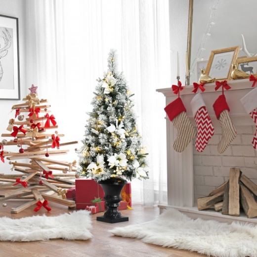 4 Feet Pre-Lit Snowy Christmas Entrance Tree with White Berries and Flowers