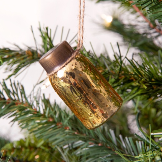 Glass Mini Mason Jar Hanging Christmas Ornament in Mercury Gold