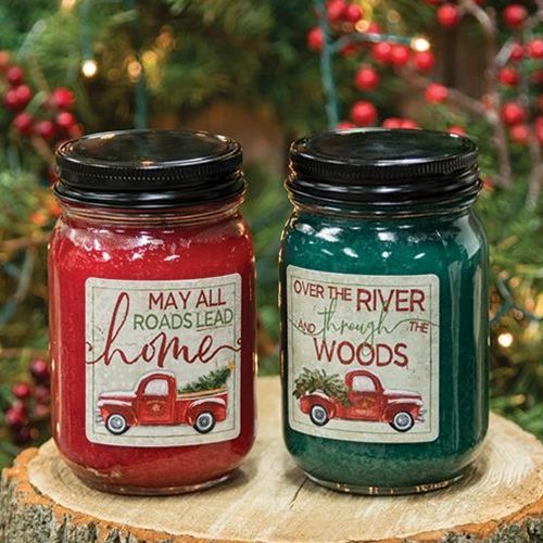 Hollyberry Jar Candle W/Red Truck, 12Oz - All Roads Lead Home