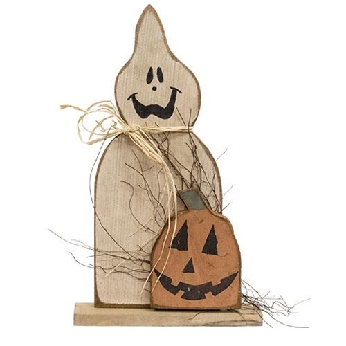 Rustic Wood Ghost with Jack O Lantern On Base