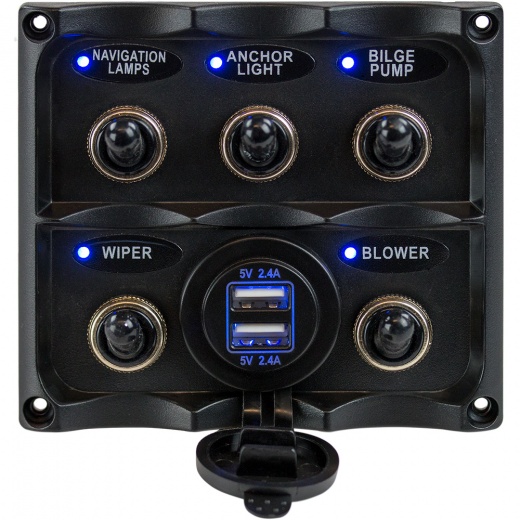 Sea-Dog Water Resistant Toggle Switch Panel with USB Power Socket - 5 Toggle