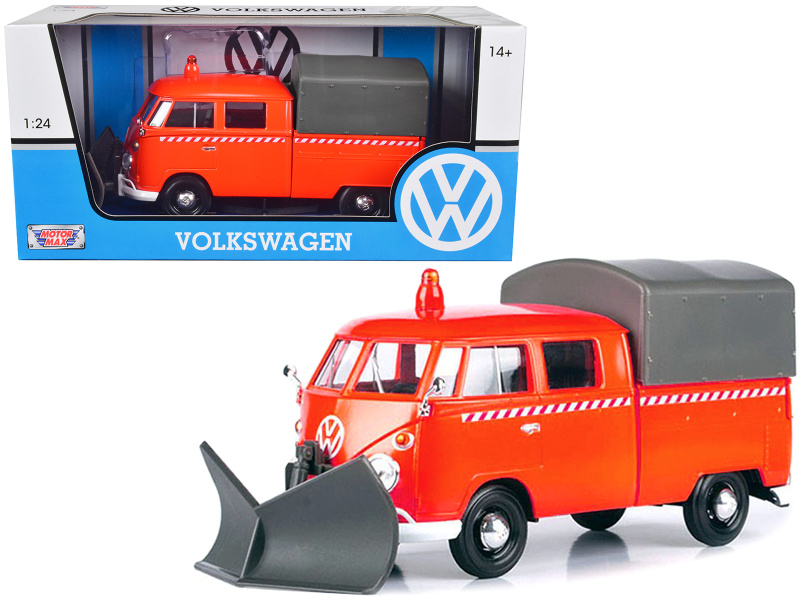 Volkswagen Type 2 (T1) Pickup Truck Orange With Snow Plow And Camper Shell 1/24 Diecast Model Car By Motormax