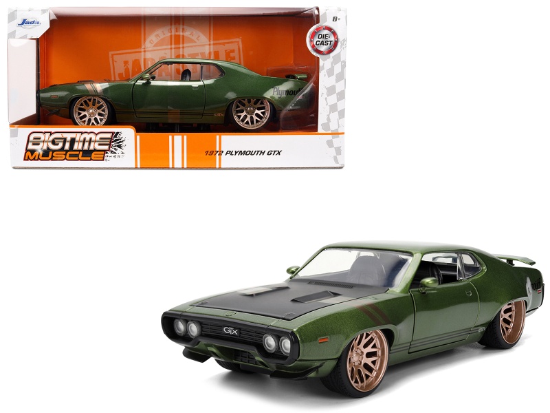 1972 Plymouth Gtx Green Metallic With Matt Black Hood And Gold Stripes "Bigtime Muscle" Series 1/24 Diecast Model Car By Jada