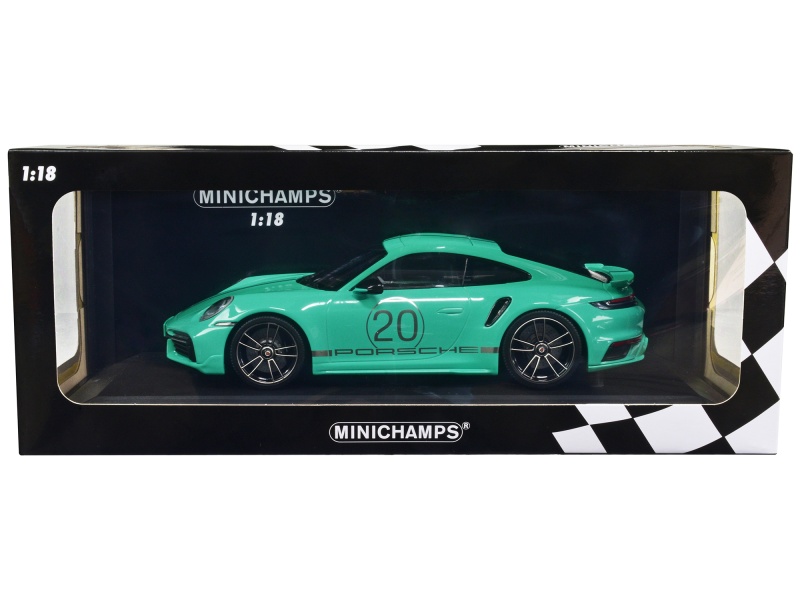 2021 Porsche 911 Turbo S With Sportdesign Package #20 Green With Silver Stripes Limited Edition To 504 Pieces Worldwide 1/18 Diecast Model Car By Minichamps